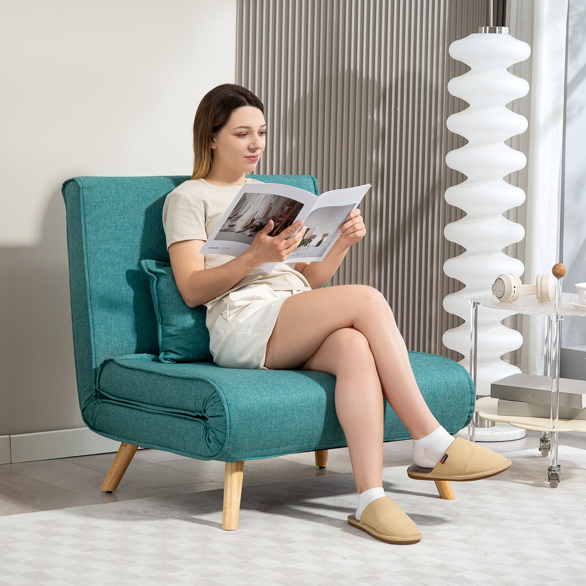 Fauteuil convertible 1 place canapé-lit clic-clac 3 en 1 avec dossier réglable en 5 positions, oreiller inclus, vert-1
