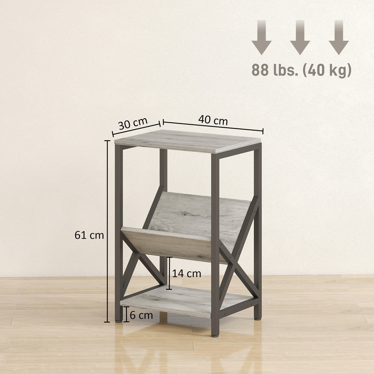 Table d'appoint étroite, bout de canapé rangement à 3 niveaux, porte-revues en V, cadre en acier, 40x30x61cm, gris foncé-2