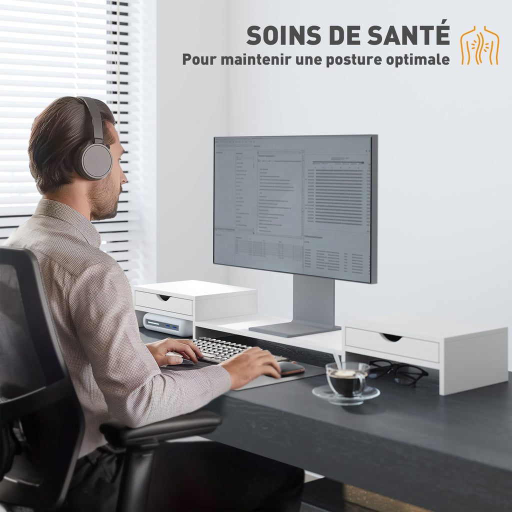 Rehausseur écran PC bureau support d'écran d'ordinateur de 60-116 cm avec 2 tiroirs, longueur et angle réglables-5
