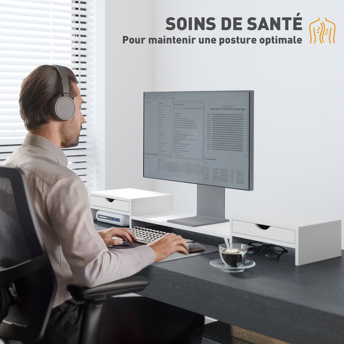 Rehausseur écran PC bureau support d'écran d'ordinateur de 60-116 cm avec 2 tiroirs, longueur et angle réglables-5