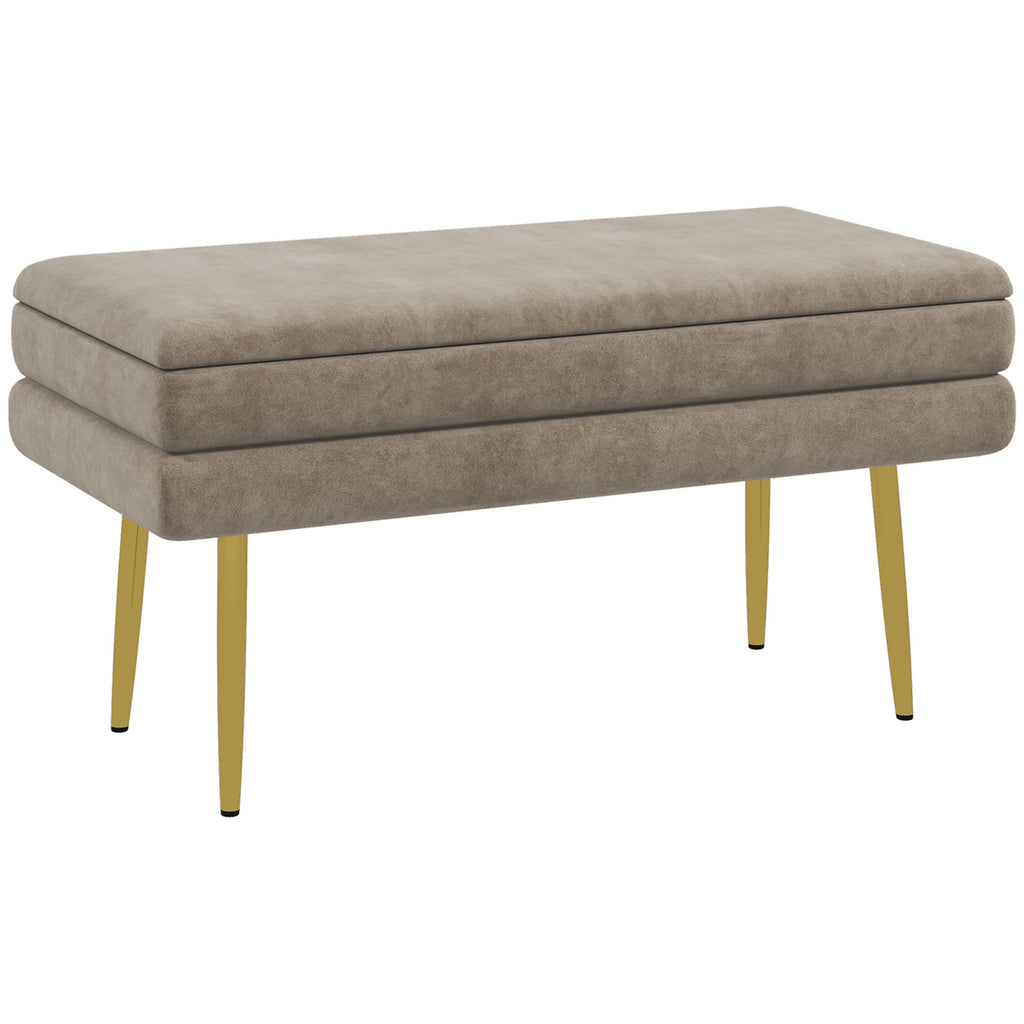 Banc banquette coffre de rangement 2 en 1 assise aspect velours et pieds acier - 79,5L x 37,5P x 43H cm beige et doré-0