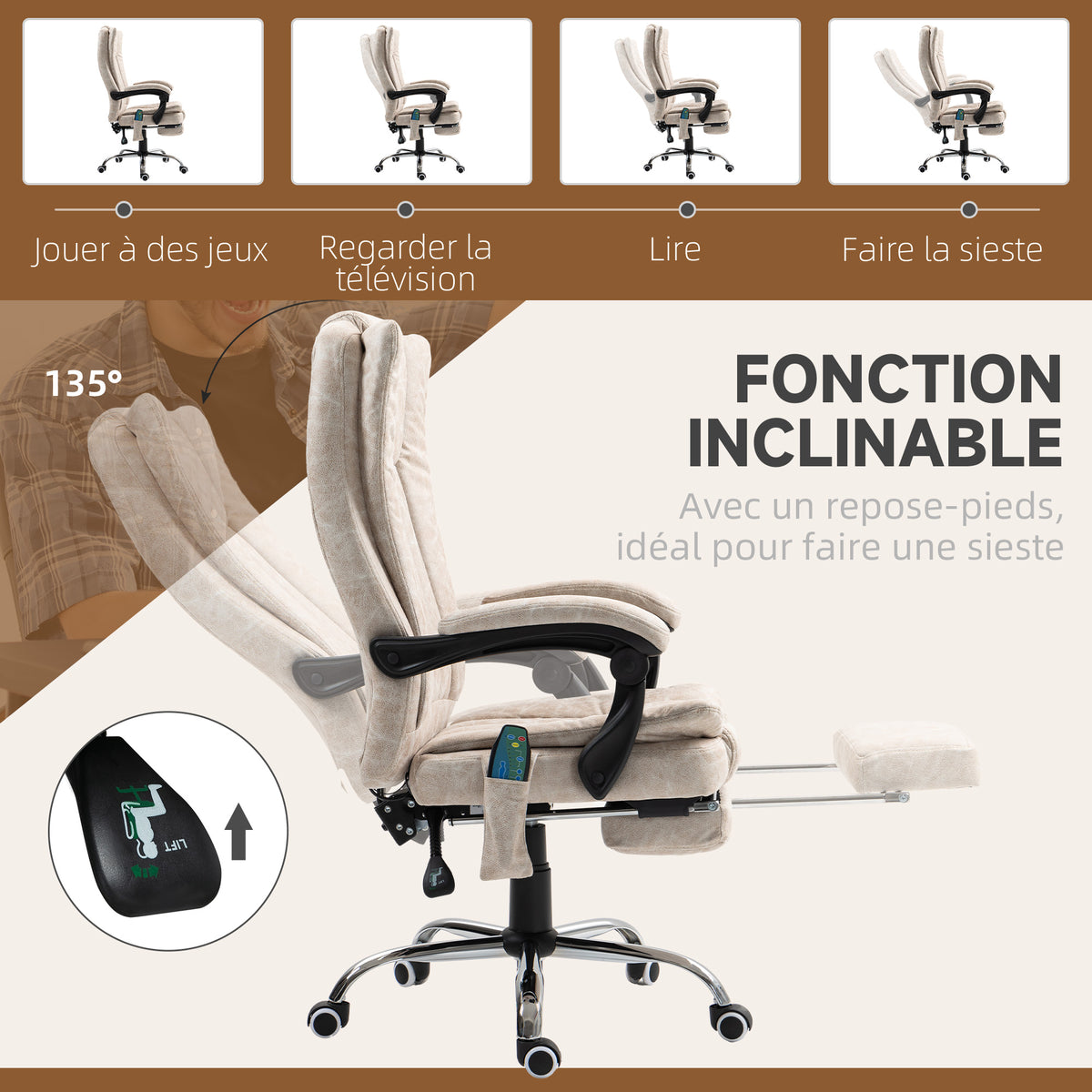 Fauteuil de bureau massant et chauffant avec hauteur réglable, dossier inclinable, repose-pied et télécommande, crème-8