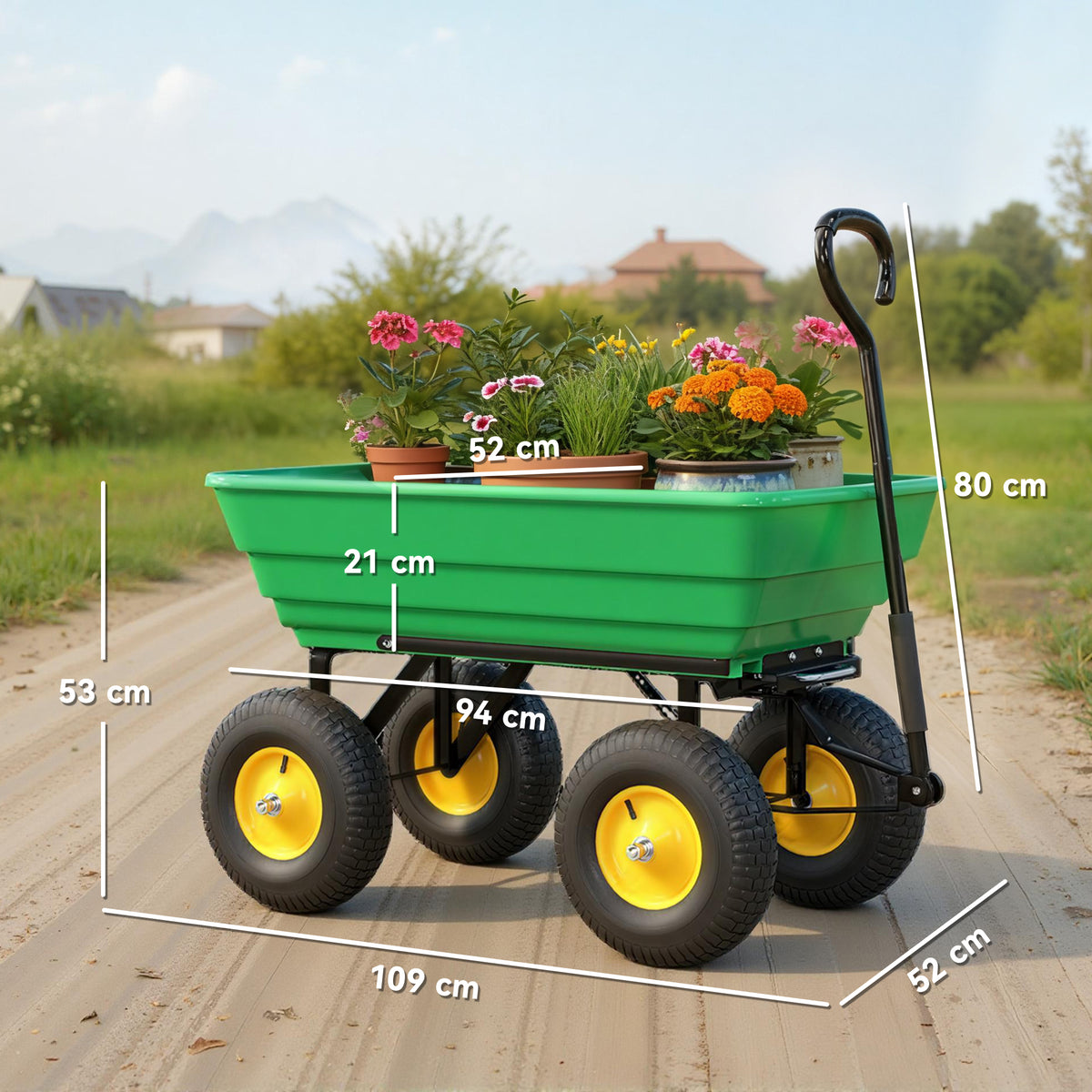 Chariot de Jardin à Main Benne basculante 75° 75L Charge Max. 200 Kg 4 Roues pneumatiques Acier PP Jaune Vert-2