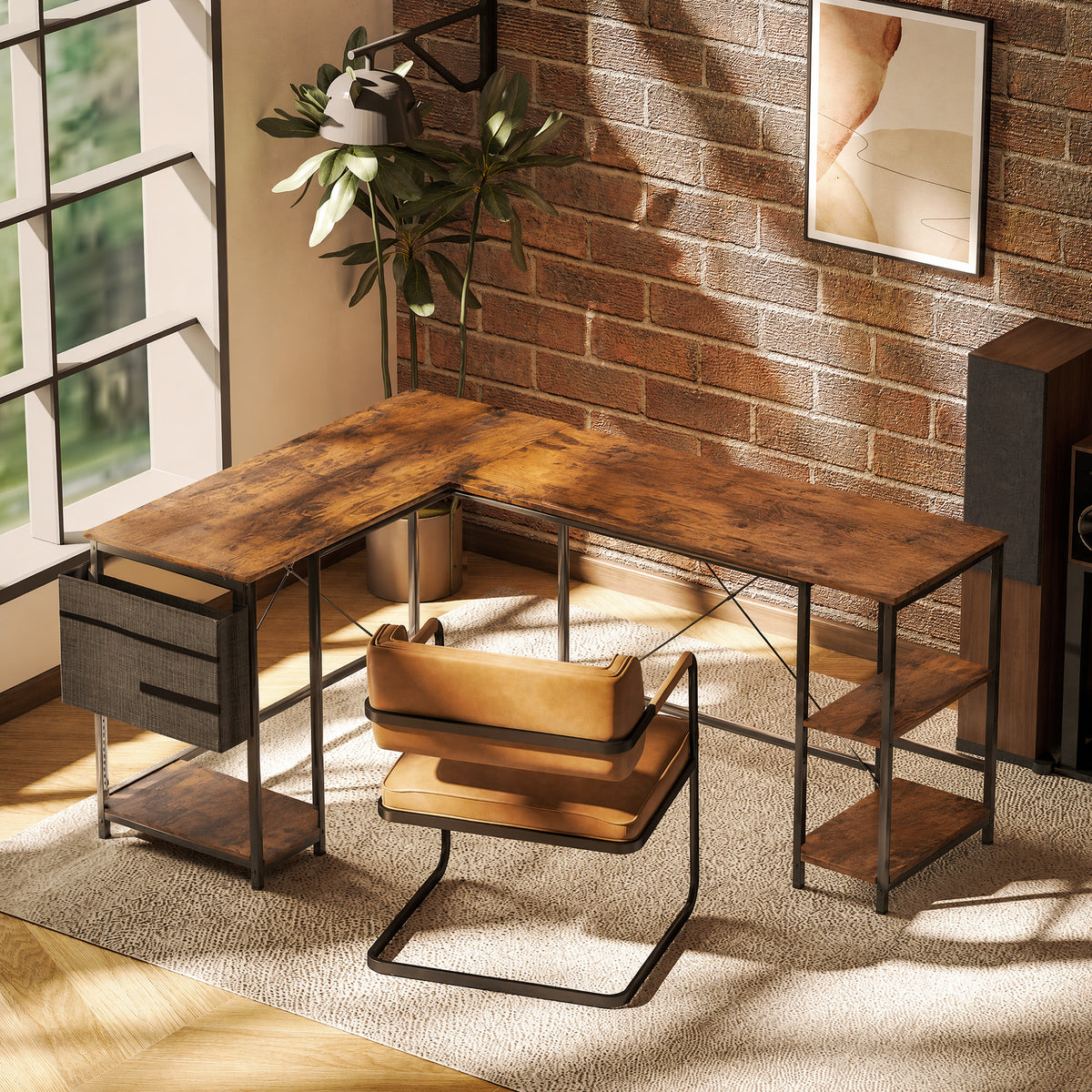 Bureau d'angle réversible, 168-240 cm, bureau d'ordinateur avec étagère réglable, support d'écran, brun rustique-1