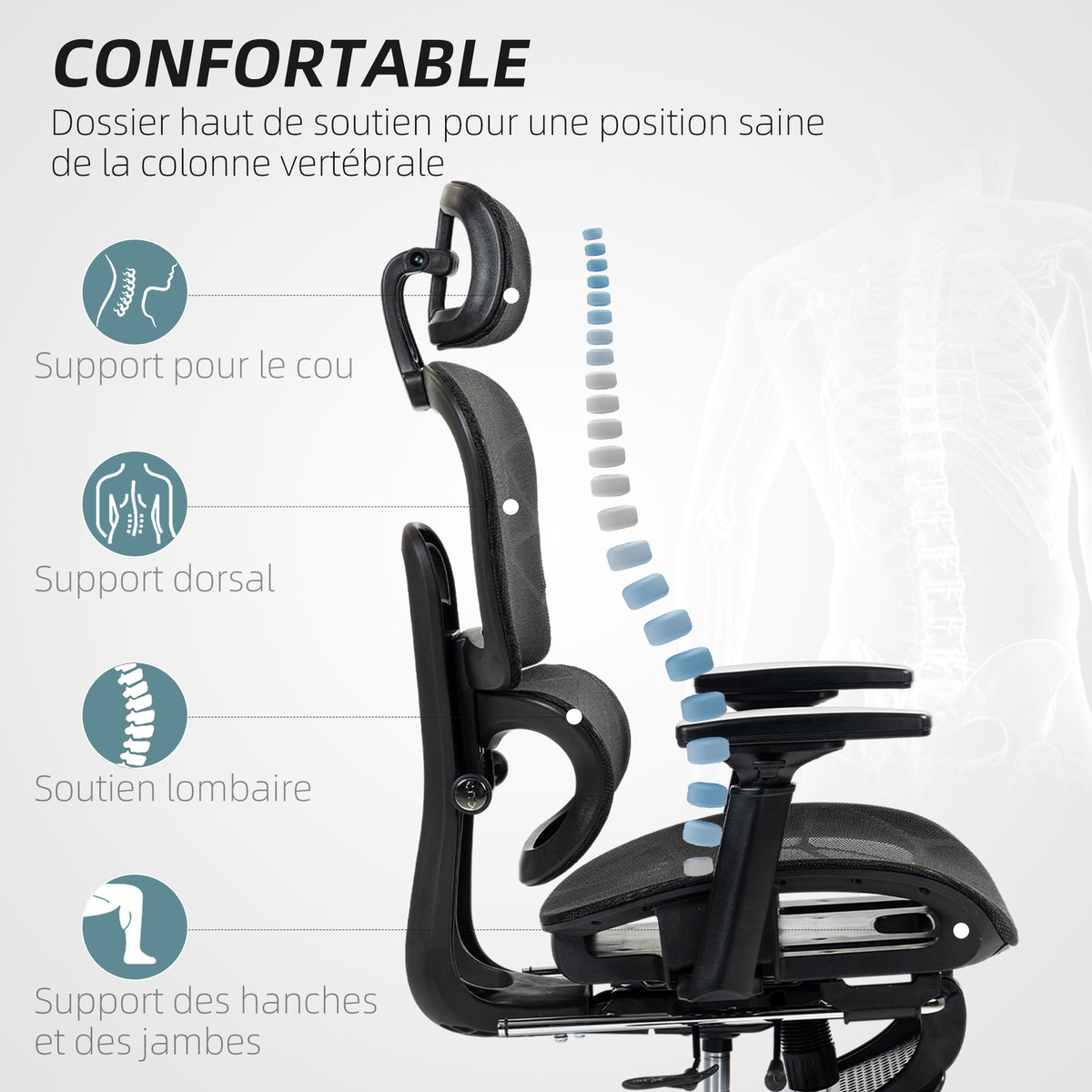 Fauteuil de bureau, chaise de bureau ergonomique en maille avec accoudoirs 3D, dossier inclinable, 66x64x122 cm, noir-3