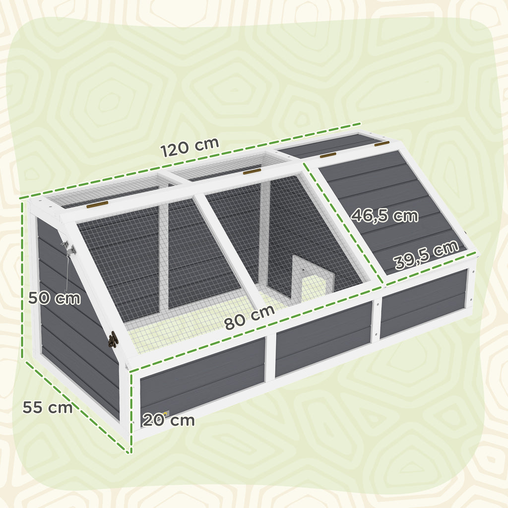 Maison enclos cage pour petit animal tortue en bois avec couvercle ouvrable, loquets, 2 espaces distincts, gris-2