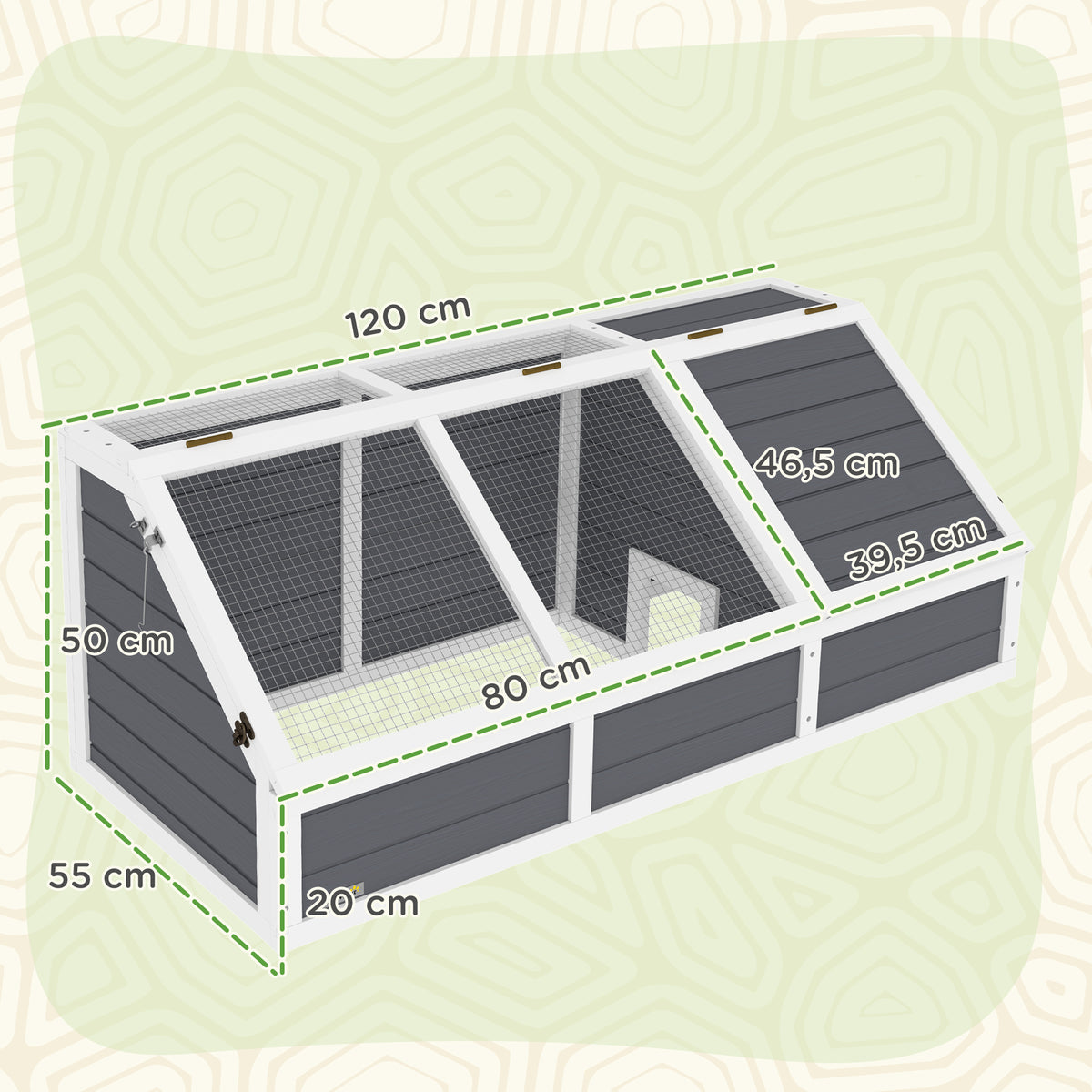 Maison enclos cage pour petit animal tortue en bois avec couvercle ouvrable, loquets, 2 espaces distincts, gris-2