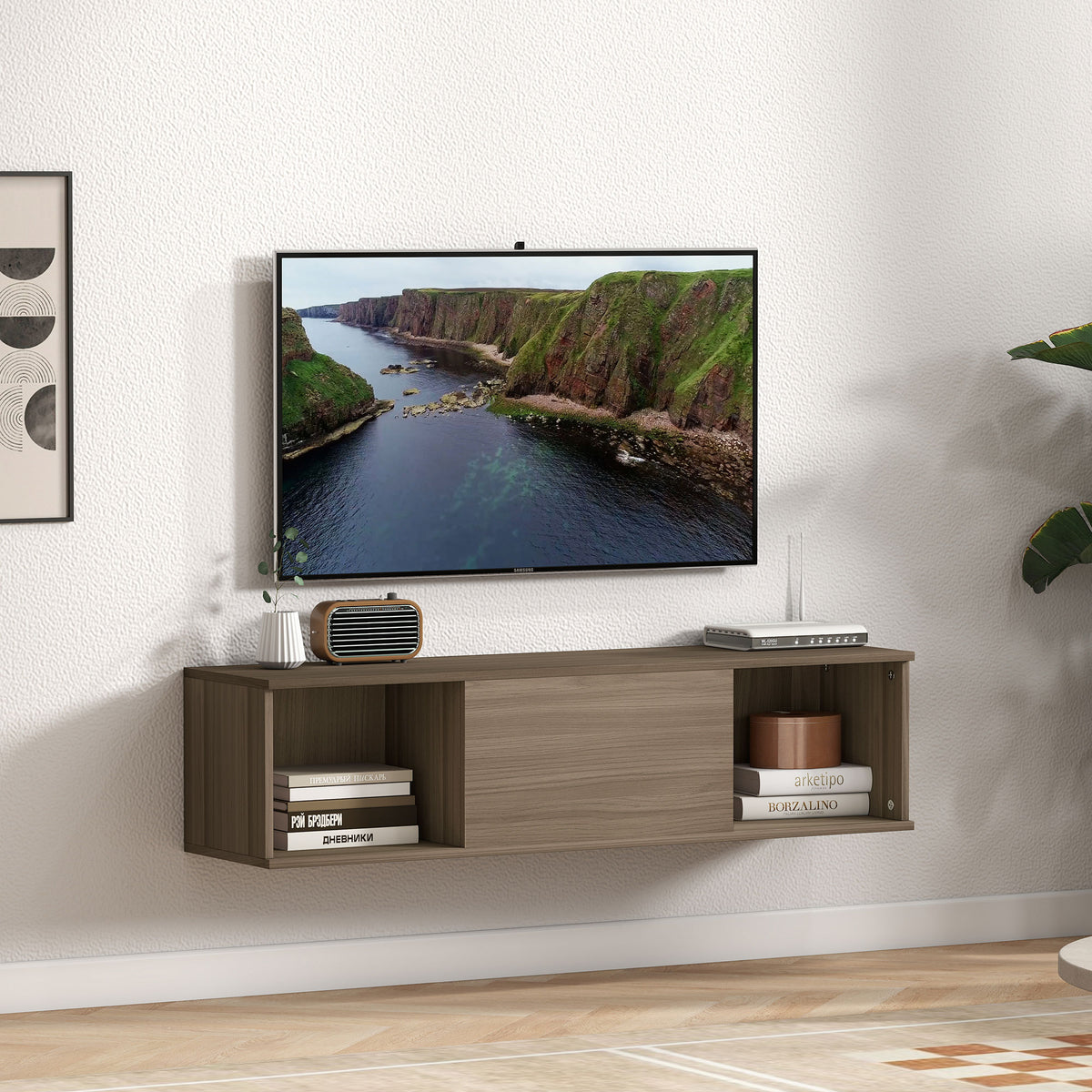 Meuble TV suspendu, Armoire murale avec 2 compartiments ouverts et porte rabattable, 120 x 30 x 29,5 cm, marron-1