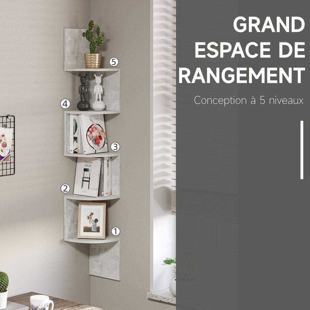 Étagère d'angle Murale de Rangement Forme Zigzag 20L x 20l x 126H cm 5 Niveaux Bois Gris-4