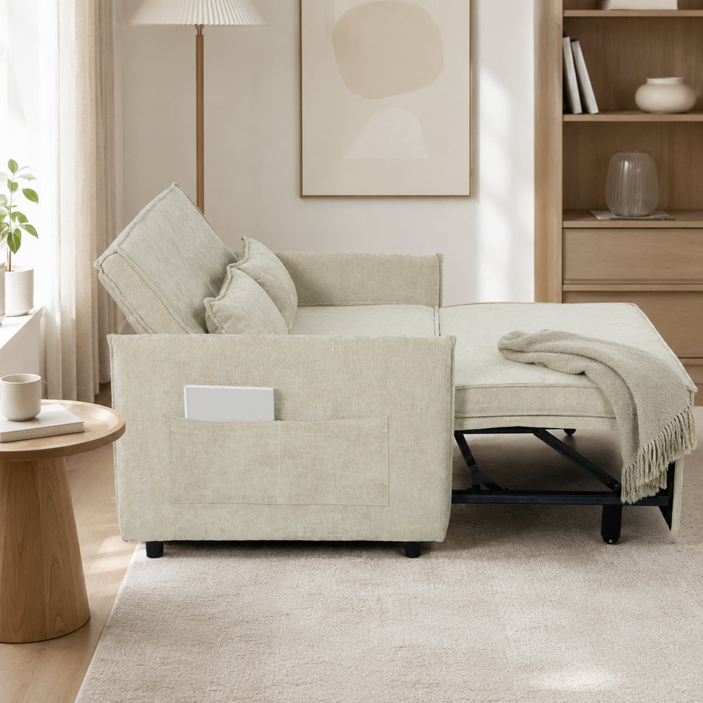 Canapé Convertible 2 Places, Canapé-Lit 3 en 1 Chenille 125 cm avec Dossier Réglable, Assise Large, 2 Oreillers, Crème-8