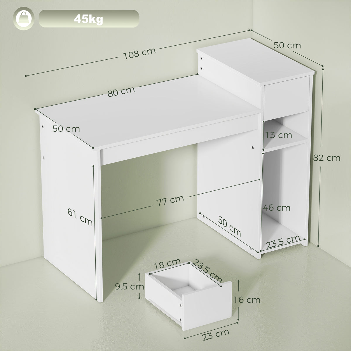 Bureau informatique avec tiroir et étagère, bureau d'ordinateur avec support d'unité centrale, 108 x 50 x 82 cm, blanc-2
