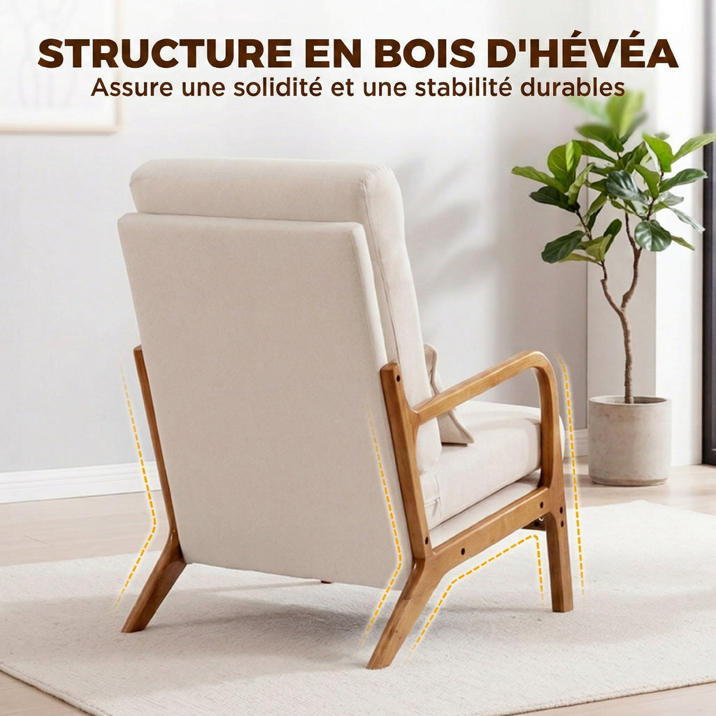 Fauteuil salon, fauteuil d'appoint rembourré en lin avec large assise, support lombaire, haut dossier, 64x86x93cm, crème-6