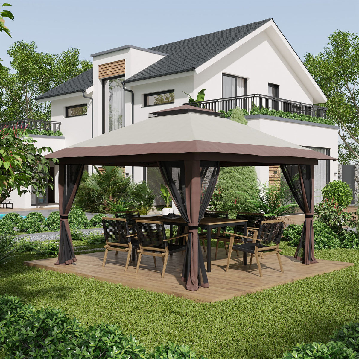 Tonnelle barnum de jardin pop-up pliant double toit protection UV 50+ avec 4 moustiquaires zippées 4 x 4 m beige-1