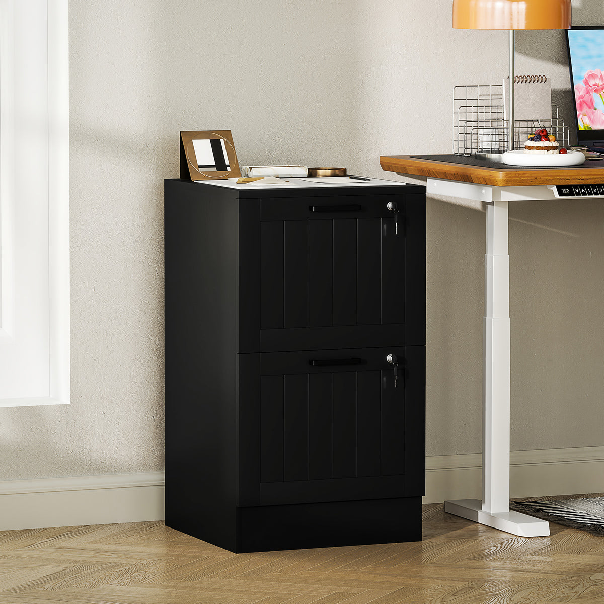 Caisson bureau, meuble rangement bois 2 tiroirs et serrure, barres de suspension réglables, 40 x 40 x 71 cm, noir-1