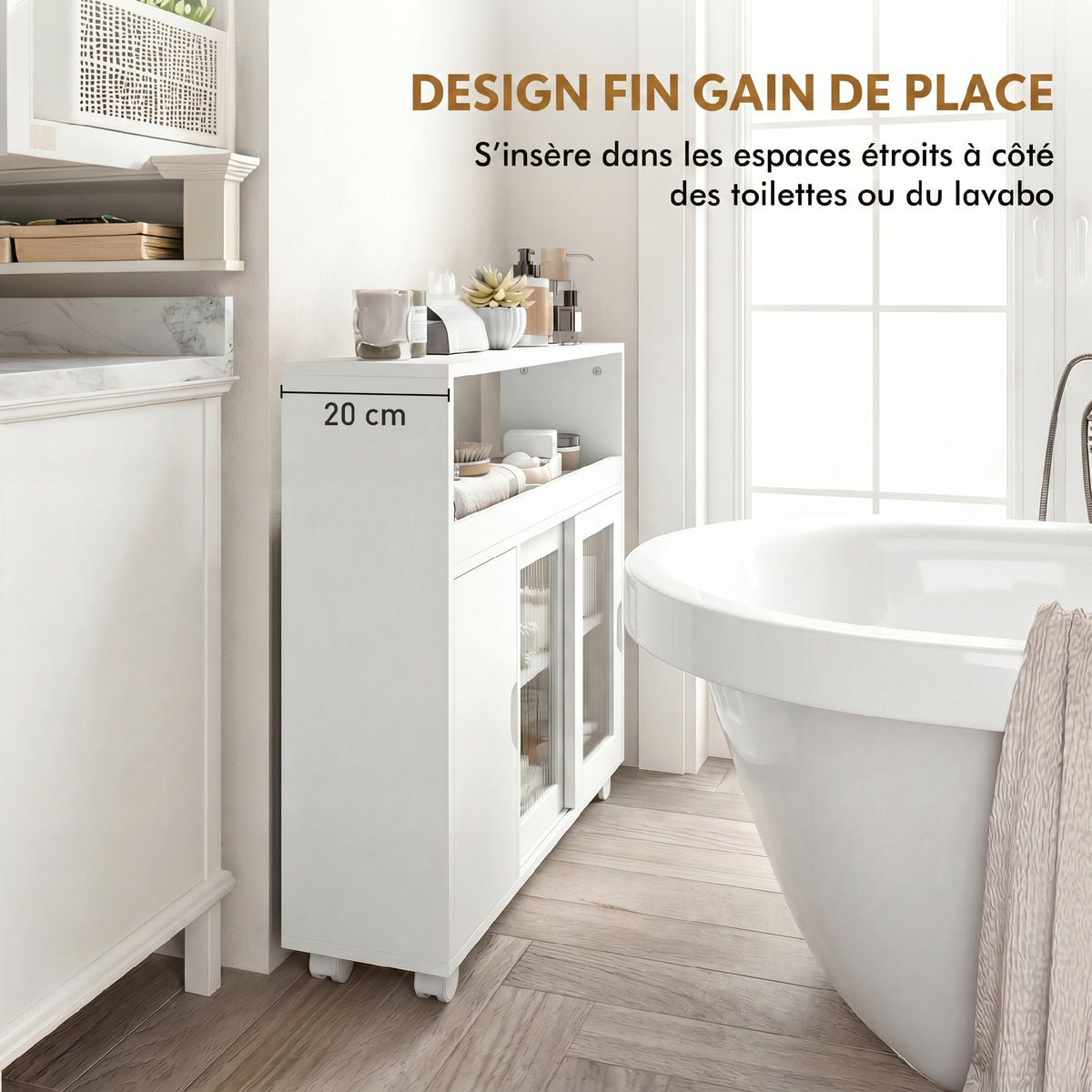 Meuble de Salle de Bain sur Roulettes, Portes en Verre Trempé, Compartiment Ouvert, Étagère Réglable, 71x20x70cm, Blanc-4