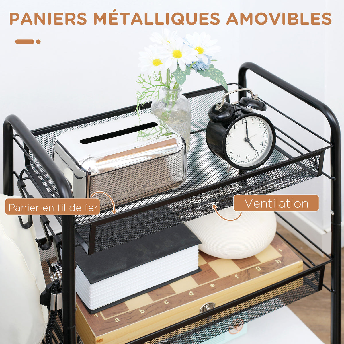Chariot à 3 niveaux avec paniers desserte à roulettes chariot de rangement roulante 45 x 26,5 x 63 cm Noir-4