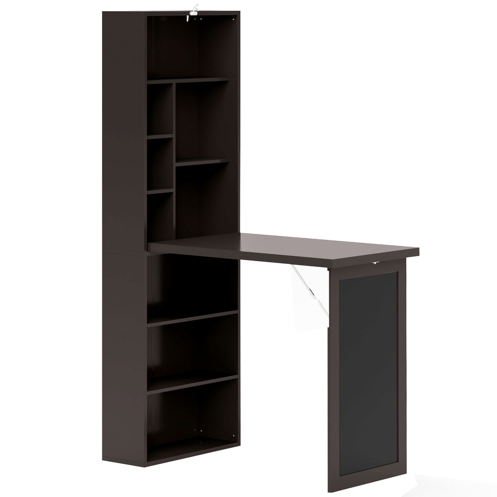 Bureau avec rangement pliable murale rabattable avec bibliothèque poste de travail tableau à craie et étagère réglable-0