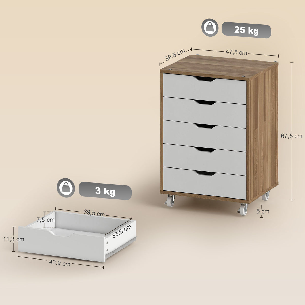 Caisson bureau mobile, meuble rangement bureau sur roulettes, 5 tiroirs, 47,5 x 39,5 x 67,5 cm, blanc et chêne-2