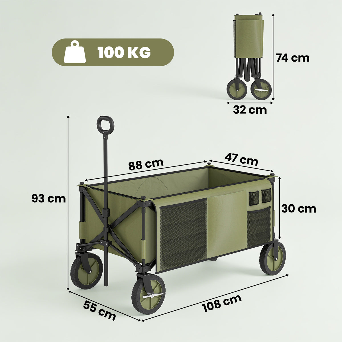Chariot de jardin pliable 4 roues bâche amovible poignée télescopique inclinaison réglable 5 sacs de rangement-2