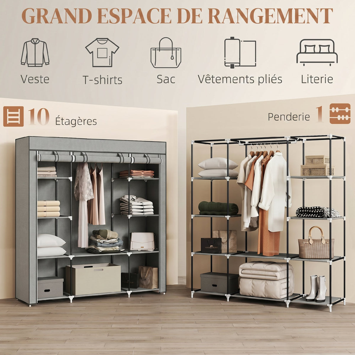 Armoire de rangement penderie en tissu pliable avec barre de suspension et étagères, 150 x 43 x 162,5 cm, gris clair-3