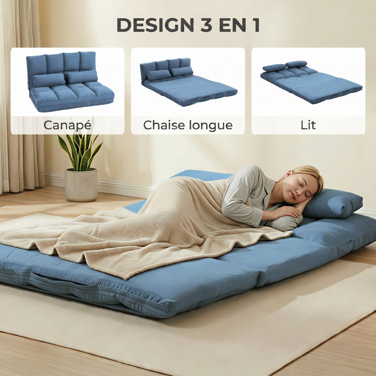 Chauffeuse matelas d'appoint pliant convertible - inclinaison dossier réglable 14 positions - 2 coussins inclus, bleu-4