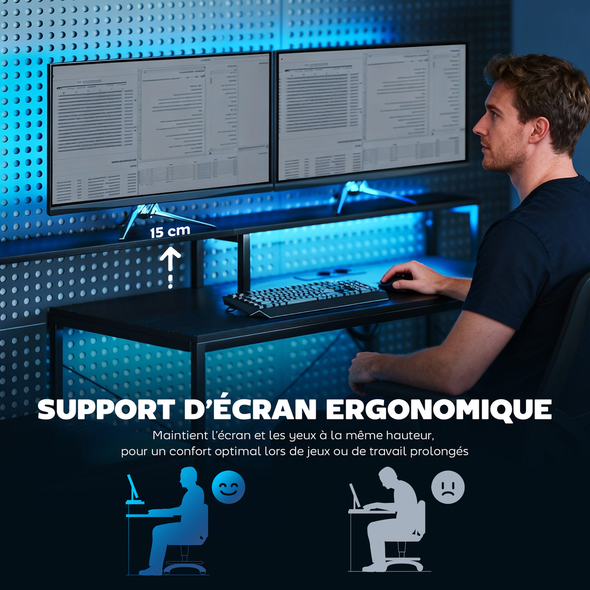 Bureau Gaming d'Angle 165 x 80 cm, Éclairage LED et Station de Charge, Support pour 2 Écrans et 2 Tiroirs en Tissu, Noir-5