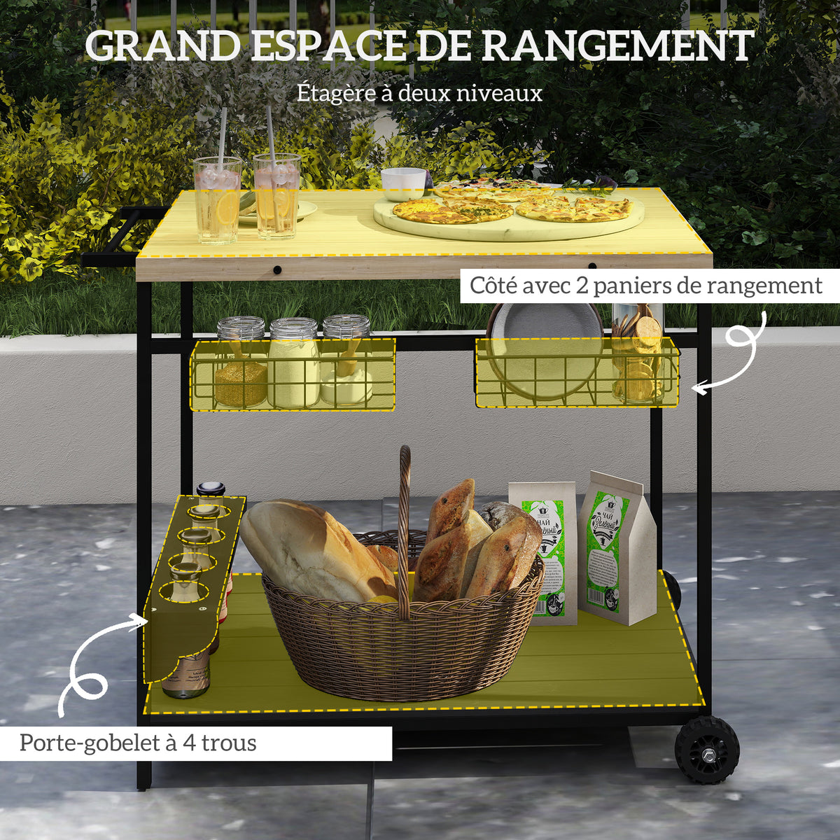 Desserte de jardin chariot pour plancha barbecue en bois et métal avec poignée 2 plateaux 2 paniers et porte-bouteilles-3