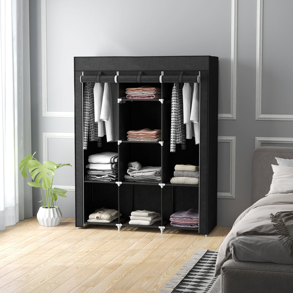 Armoire penderie multi-rangement - 8 étagères, 2 barres - non tissé noir-6