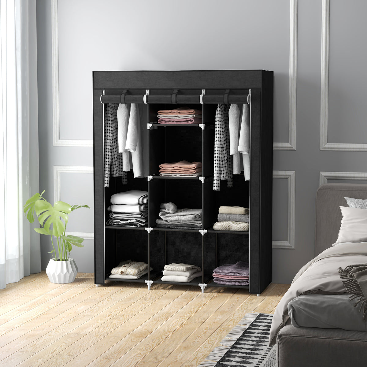 Armoire penderie multi-rangement - 8 étagères, 2 barres - non tissé noir-6