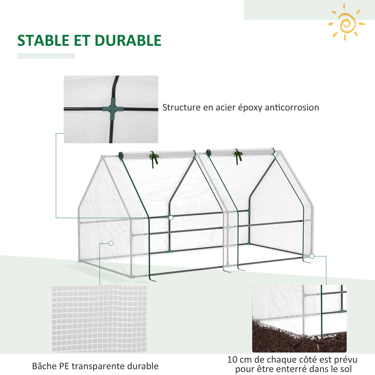 Mini Serre de Jardin mini serre tunnel 180L x 90l x 90H cm toit pointu Acier PE 140 g/m² Anti-UV fenêtres avec-5