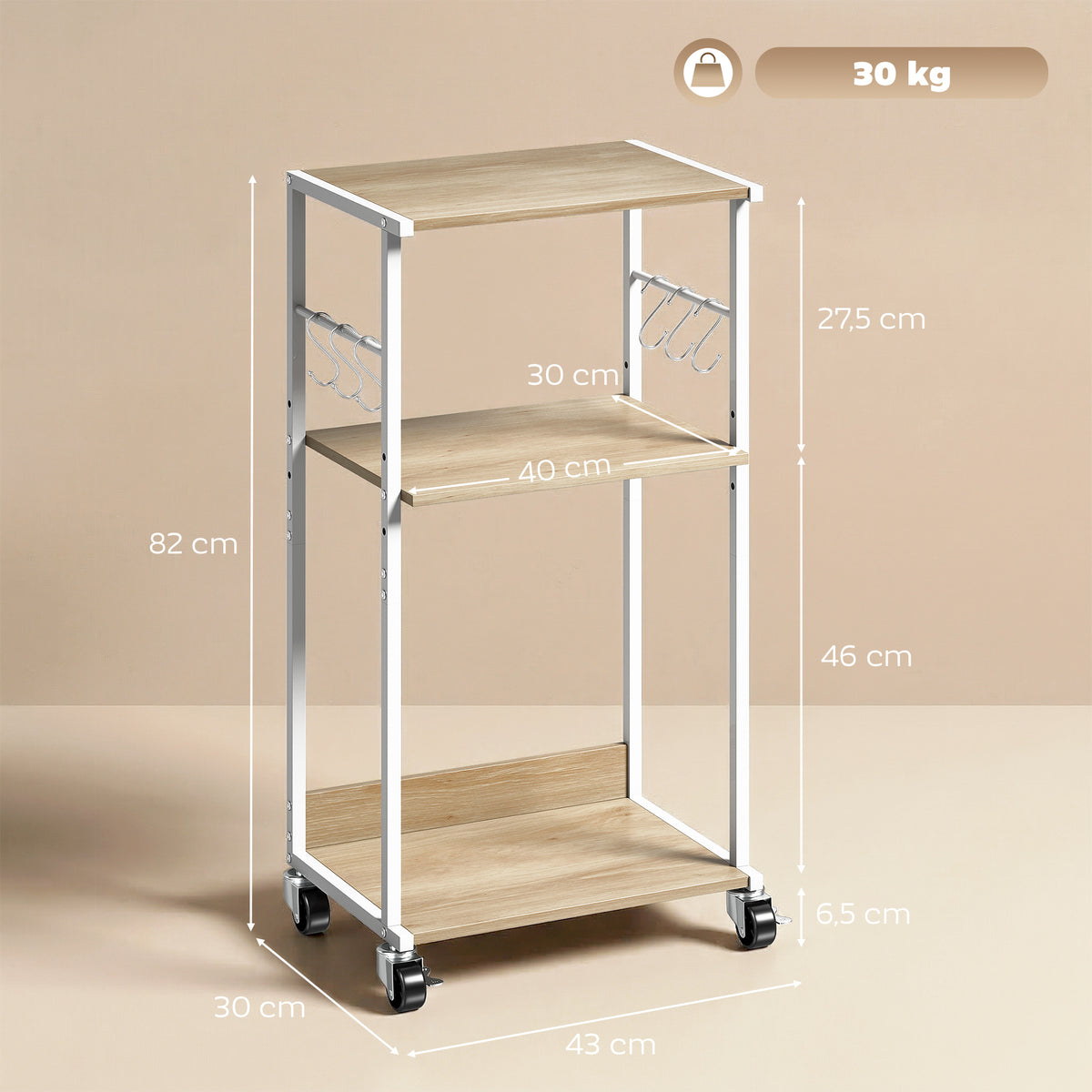 Support pour Imprimante à 3 Niveaux avec Roulettes et Crochets, Étagère de Rangement pour Bureau, Salon, Bois Naturel-2