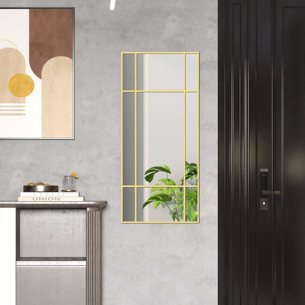Miroir mural verrière rectangulaire style fenêtre, horizontal ou vertical avec 4 crochets, en métal doré - 110x50 cm-8