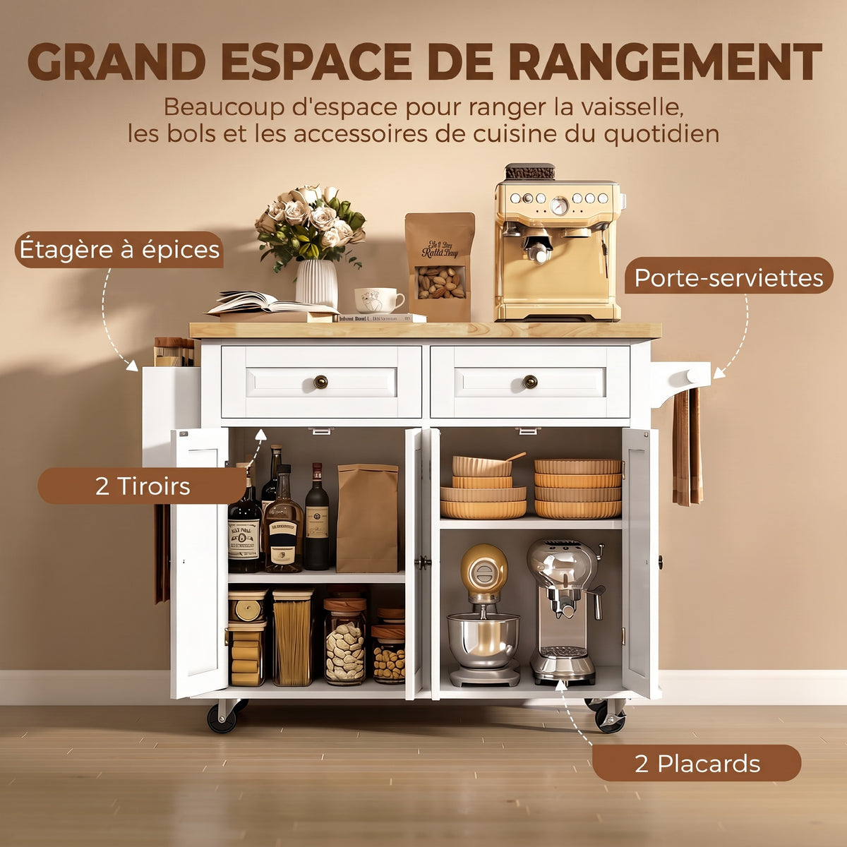 Îlot Central Cuisine avec Plateau en Hévéa, Desserte de Cuisine sur Roulettes avec 2 Tiroirs, 111 x 44,5 x 82,5cm, blanc-5