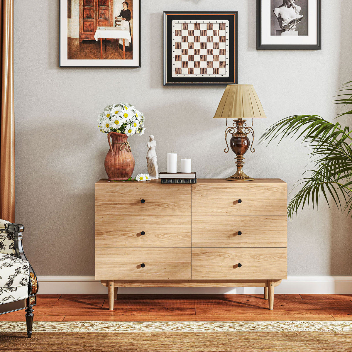 Commode 6 tiroirs meuble de rangement pieds en bois massif 120 x 40 x 80 cm marron clair-7
