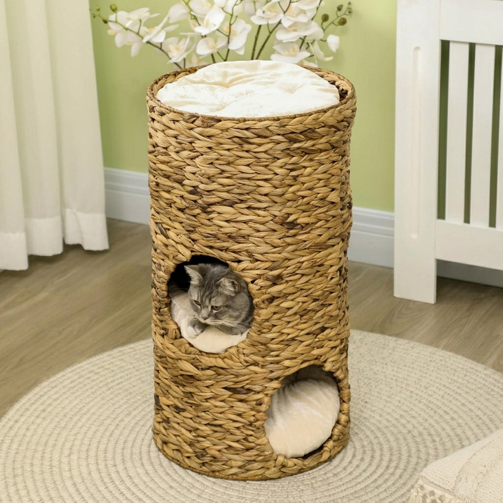 Tonneau à Gratter pour Chat 3 Niveaux, Coussins, Tressage en Jacinthe d'Eau, Cadre en Acier, Ø 40 x 73 cm, Marron Clair-6