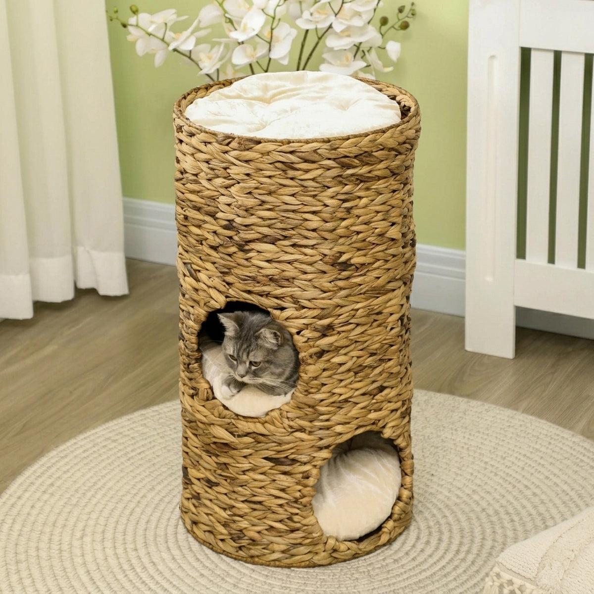 Tonneau à Gratter pour Chat 3 Niveaux, Coussins, Tressage en Jacinthe d'Eau, Cadre en Acier, Ø 40 x 73 cm, Marron Clair-6