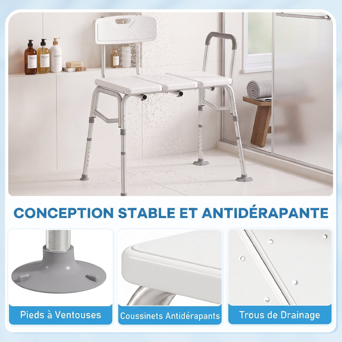 Banc de Transfert Baignoire, Hauteur Réglable à 10 Niveaux, Large Assise, Dossier, Accoudoir, 86x60x89-101cm, Blanc-5