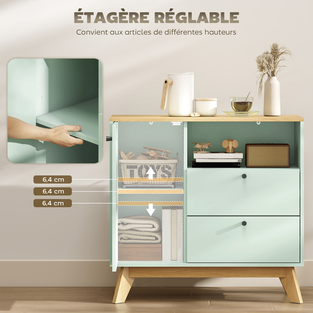 Buffet salon, meuble de rangement avec porte, 2 tiroirs, compartiment ouvert et étagère réglable, vert clair et chêne-4