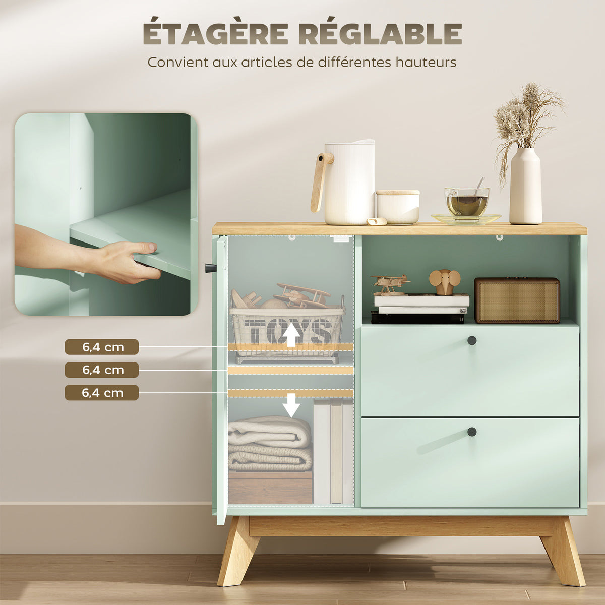 Buffet salon, meuble de rangement avec porte, 2 tiroirs, compartiment ouvert et étagère réglable, vert clair et chêne-4
