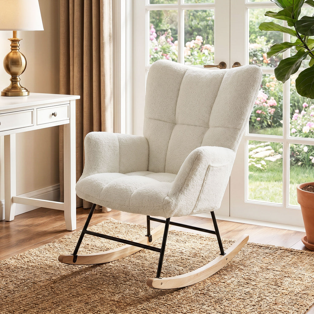 Fauteuil à Bascule, Rocking Chair en Peluche Teddy, Poches Latérales, Dossier à Oreilles Capitonné, Crème-9