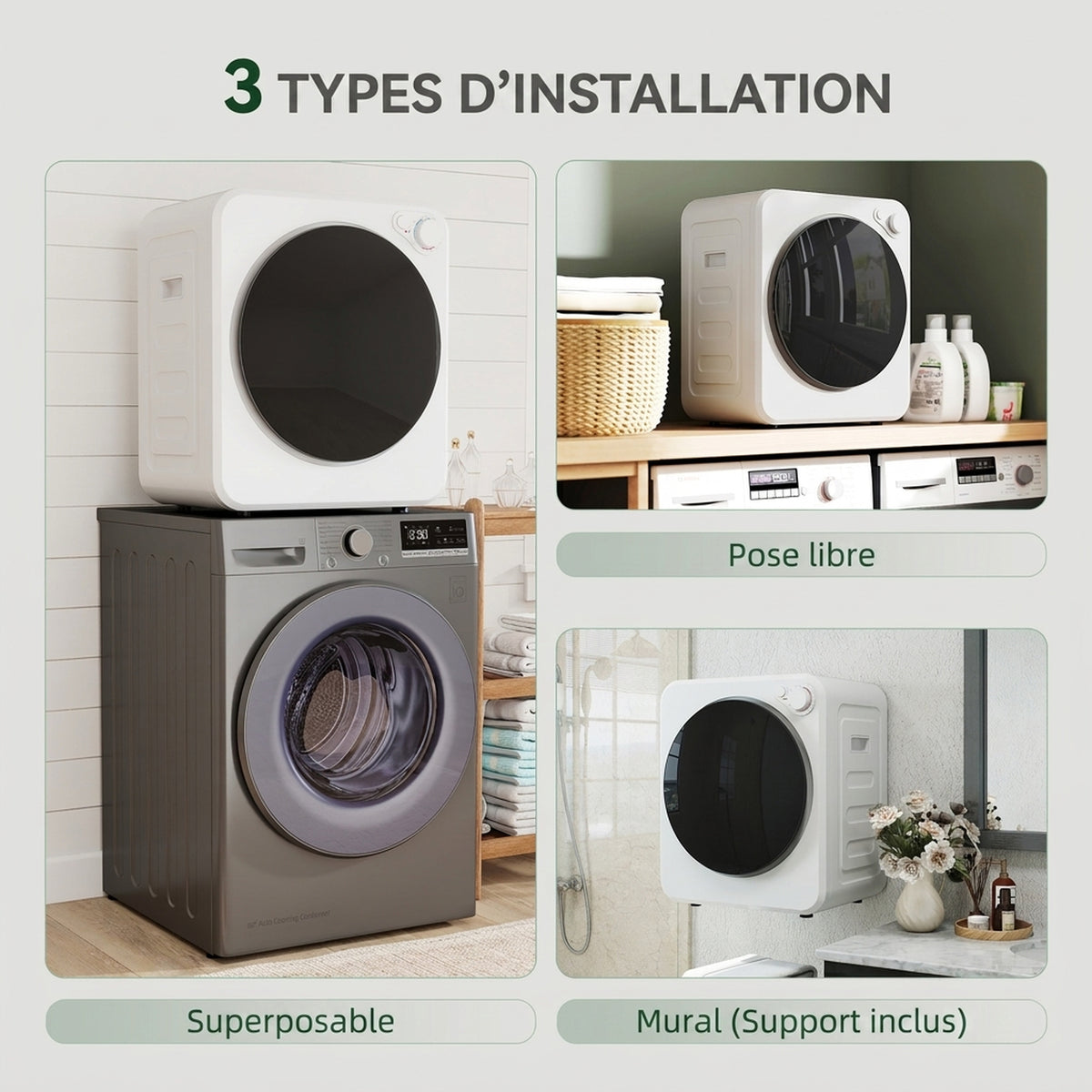 Sèche-linge à évacuation portable 2,5 Kg, sèche-linge électrique 400/800 W, 5 modes de séchage, 48 x 44 x 57 cm, blanc-4