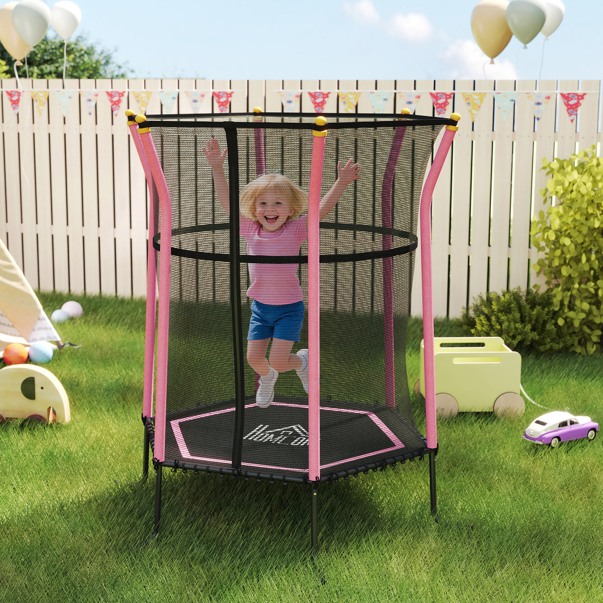 Trampoline pour enfant 1,22 x 1,11 x 1,9 m filet de sécurité porte zippée 6 poteaux rembourrés inclus rose noir-1