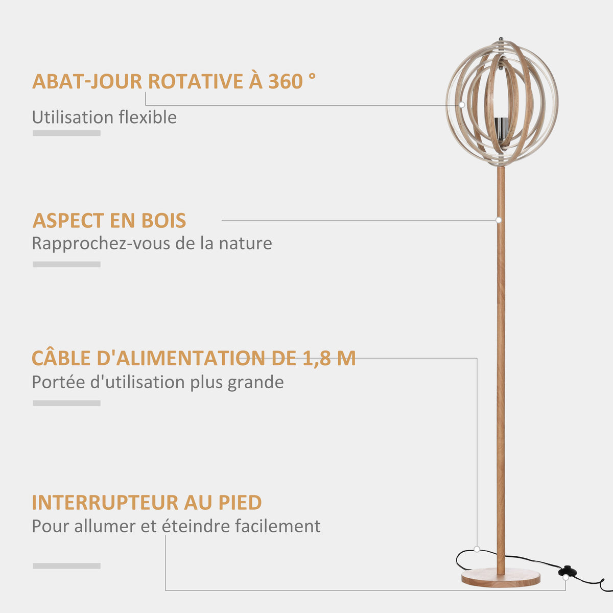 Lampadaire sur Pied Circulaire 40 W Max. Abat-Jour bois naturel clair dim. Ø 38 x 160 cm-4