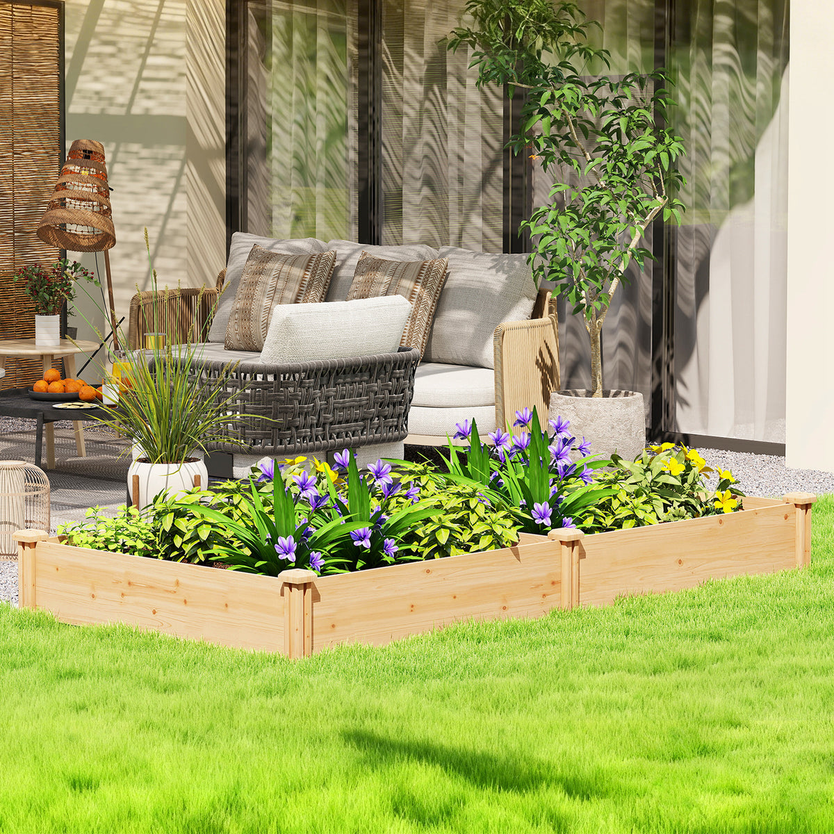Carré Potager de jardin en Bois massif, Jardinière Surélevé avec séparateur, 235 x 121 x 26 cm, effet Bois Naturel-1