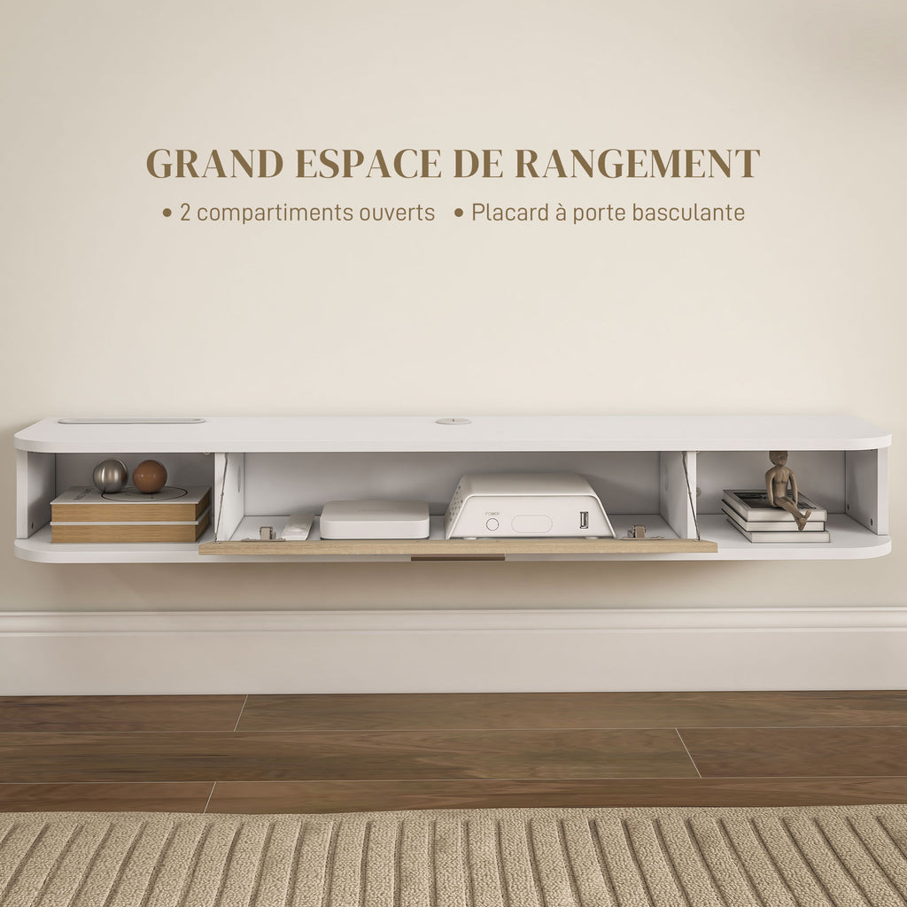 Meuble TV mural banc TV jusqu'à 50 pouces avec compartiments ouverts et armoire à porte rabattable blanc-4