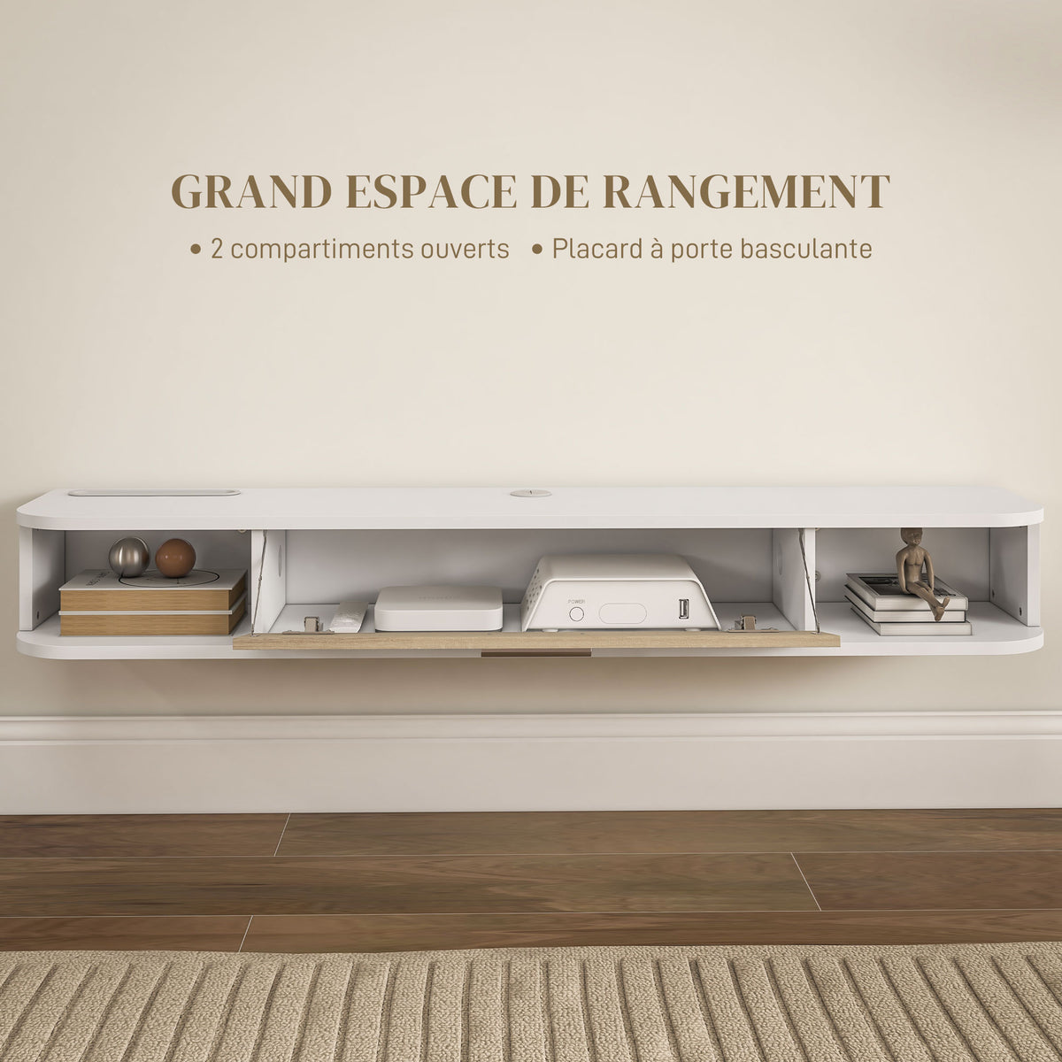 Meuble TV mural banc TV jusqu'à 50 pouces avec compartiments ouverts et armoire à porte rabattable blanc-4