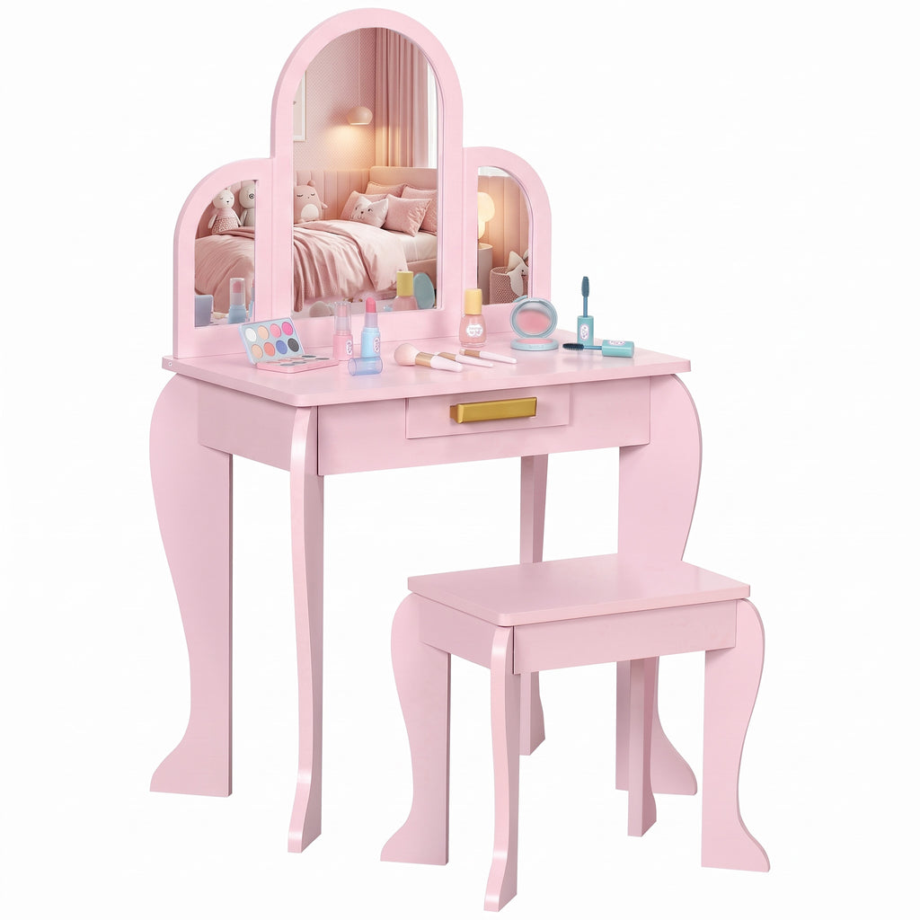 Coiffeuse pour enfant avec tabouret 3 miroirs et tiroir 3 à 6 ans 52 x 32 x 85 cm rose-0