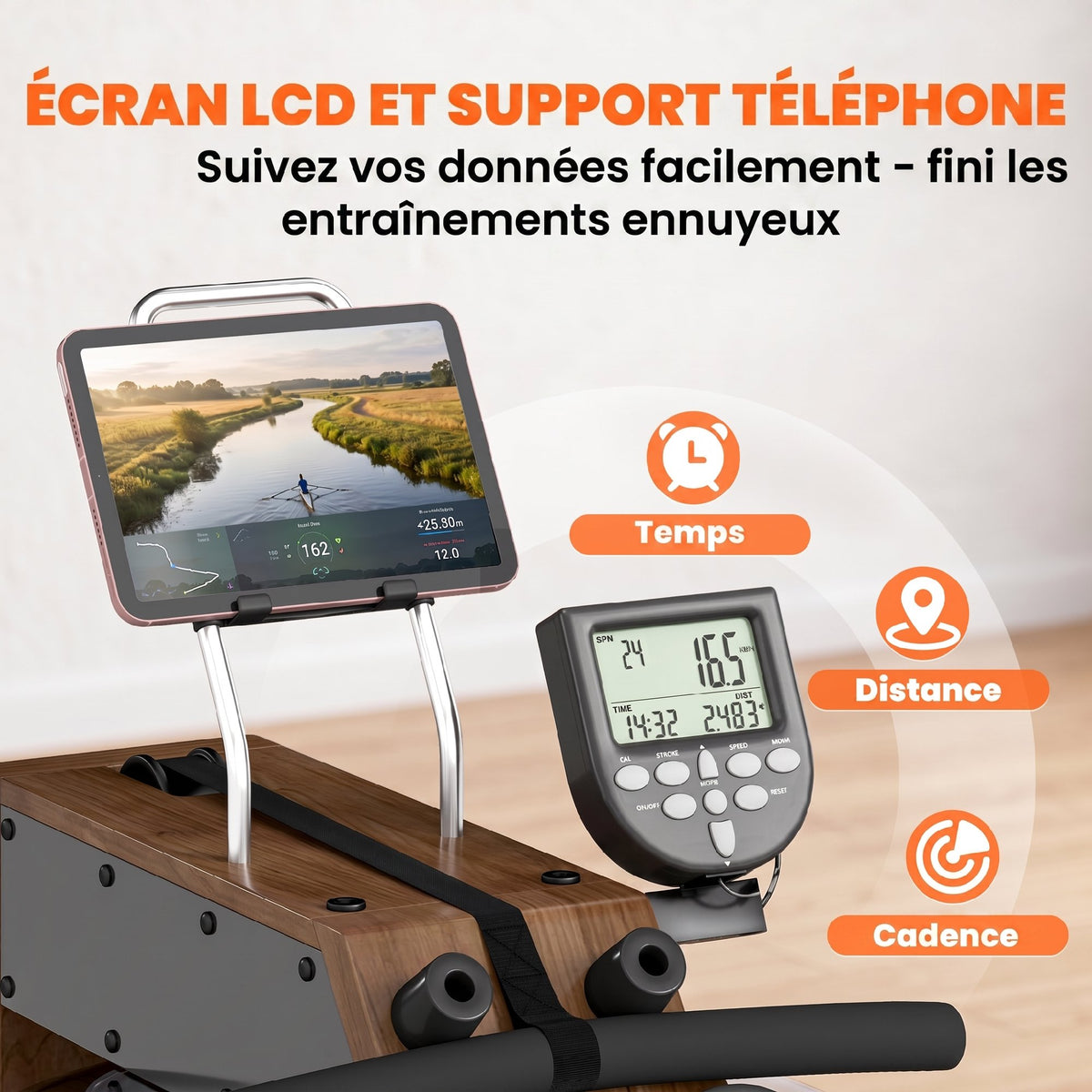 Rameur à Eau Rameur Appartement Pliable Double Rail Capacité 158kg Connexion Bluetooth 182x42x67cm Chêne-6