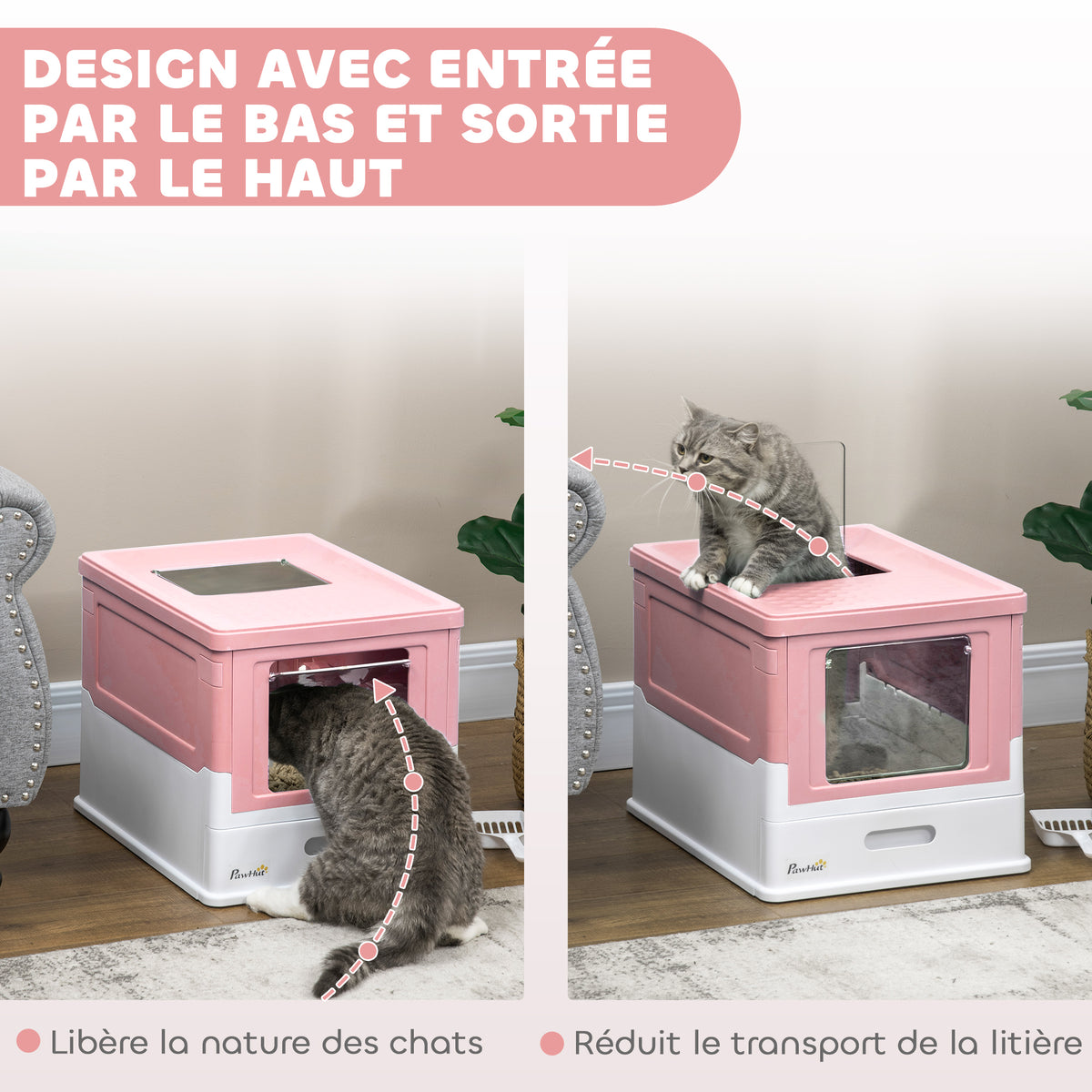 Maison de toilette pour chat pliable double porte battante et supérieure pelle fourni 47,5 x 35,5 x 36,7 cm rose-4