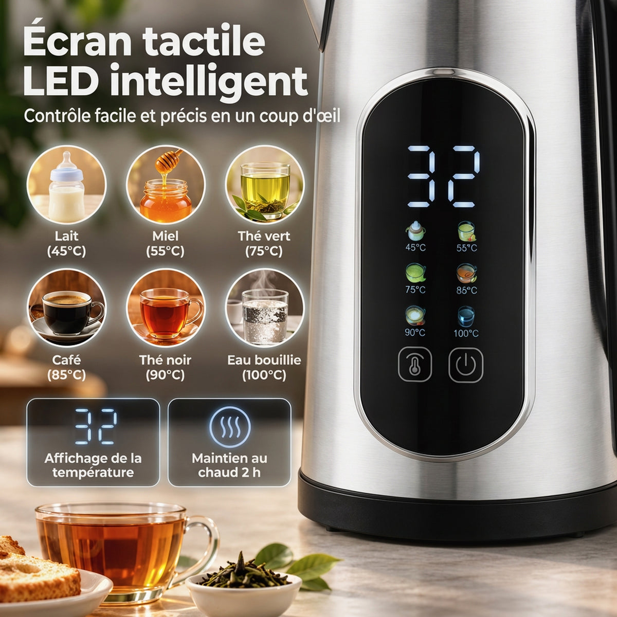 Ensemble Bouilloire et Grille-Pain en Inox, Bouilloire 2200W 1,5L, Grille-Pain 2 Tranches, Écran Tactile LED, Argenté-3